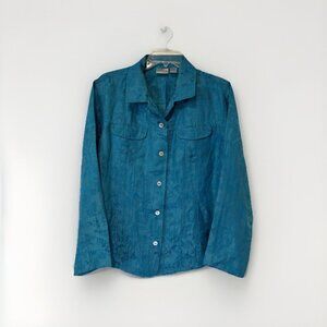 Vintage Chico's Button Up Shirt Jacket‎ Top Teal Blue Patterned Long Sleeve